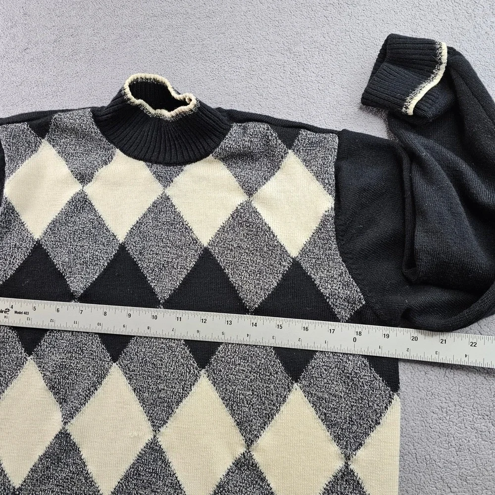 Talbots Argyle Sweater Womens L Black Gray Diamond‎ Plaid Merino Wool Mock Neck - Picture 5 of 11